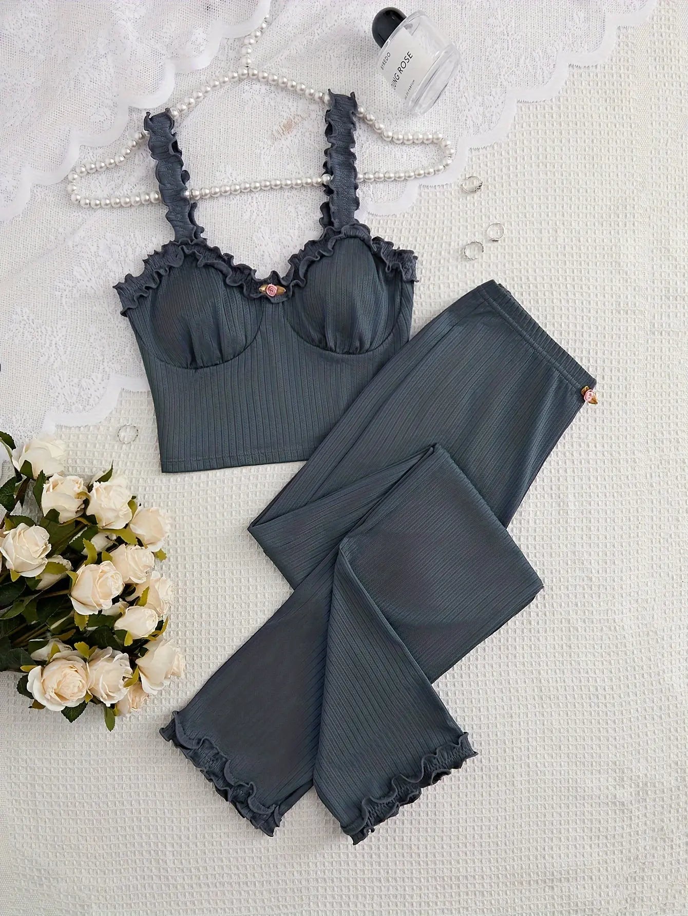 Women'S Floral Lace Trim Pajama Set