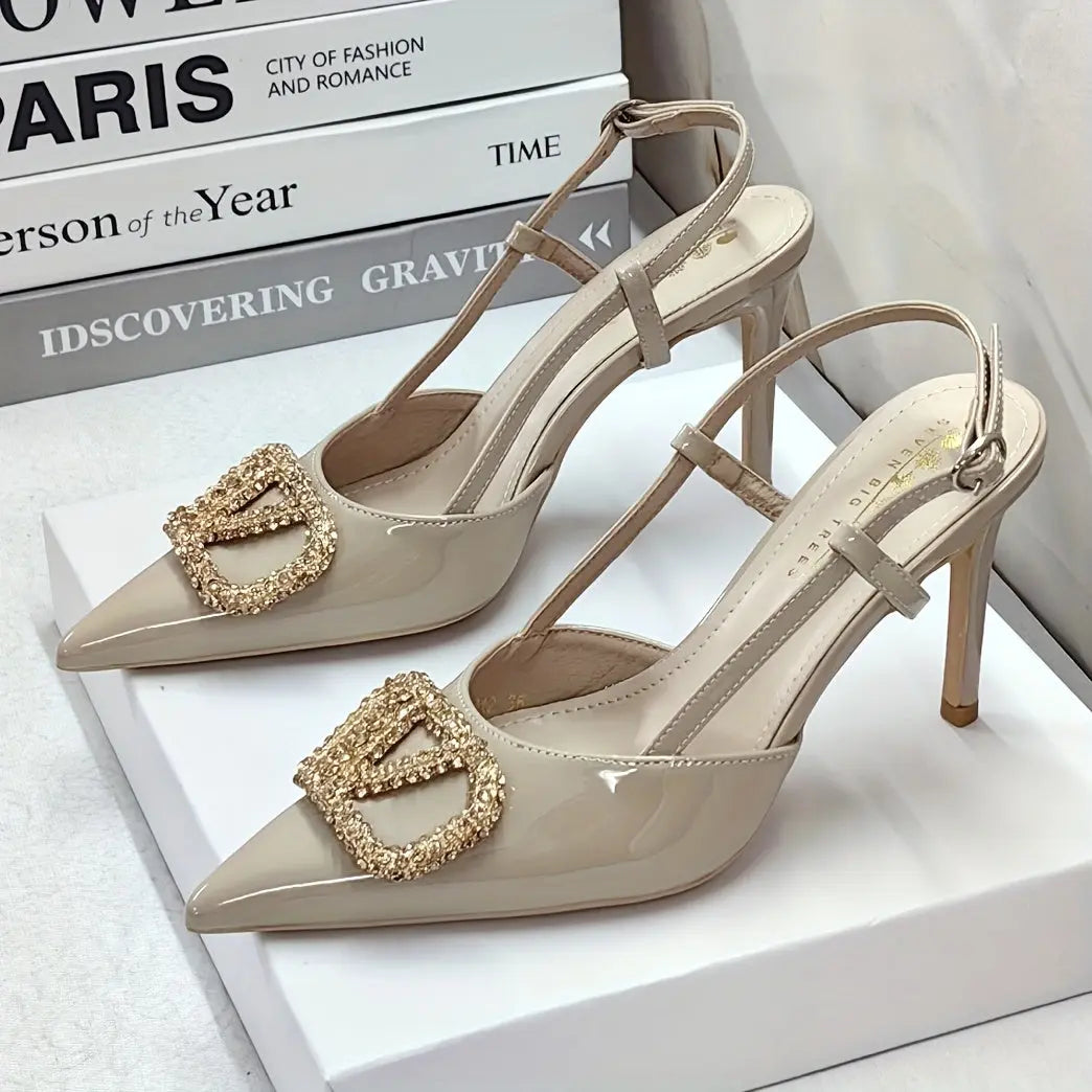 25th Anniversary New Multicolor Patent Rhinestone Buckle Pointed Toe Stiletto Pumps with Open Back. The Patent Material Boasts a Glossy Finish, While the Rhinestone Buckle Decoration Adds a Dazzling Touch. The Elegant Stiletto Heel Design Is Charming Dropshipman