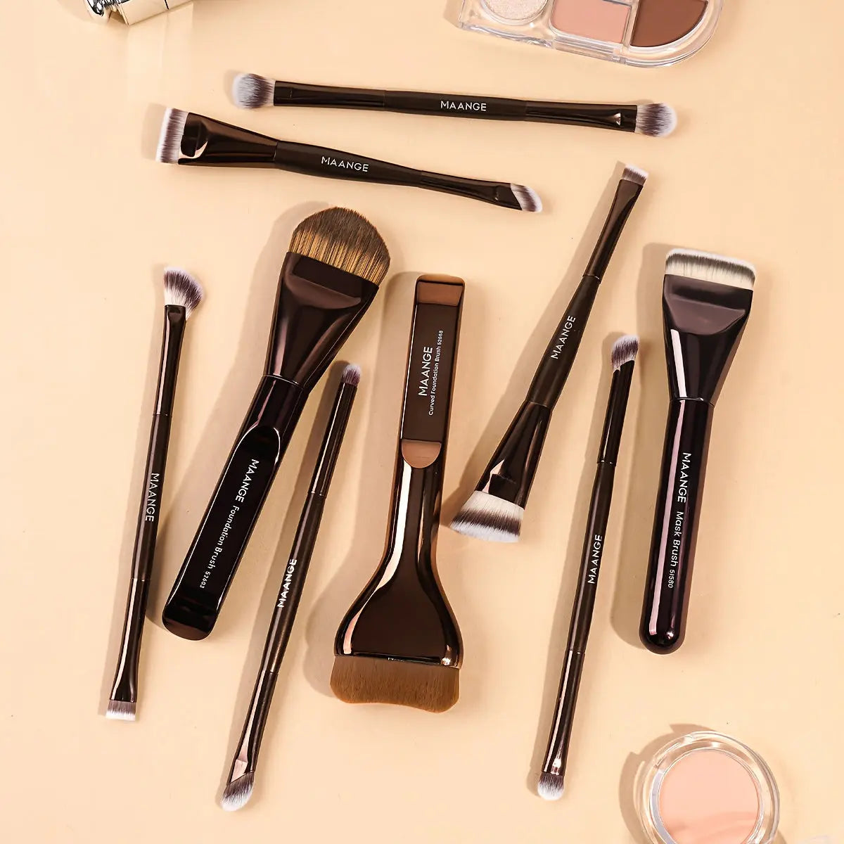 9pcs MAANGE Makeup Brushes | Aluminum Brush Rod, Multi-Purpose Facial Brush, Non-Marking Foundation Brush, Flat Head, Powder Blusher, Halo Dye, Classic, Novice Basic, Simple and Portable Dropshipman