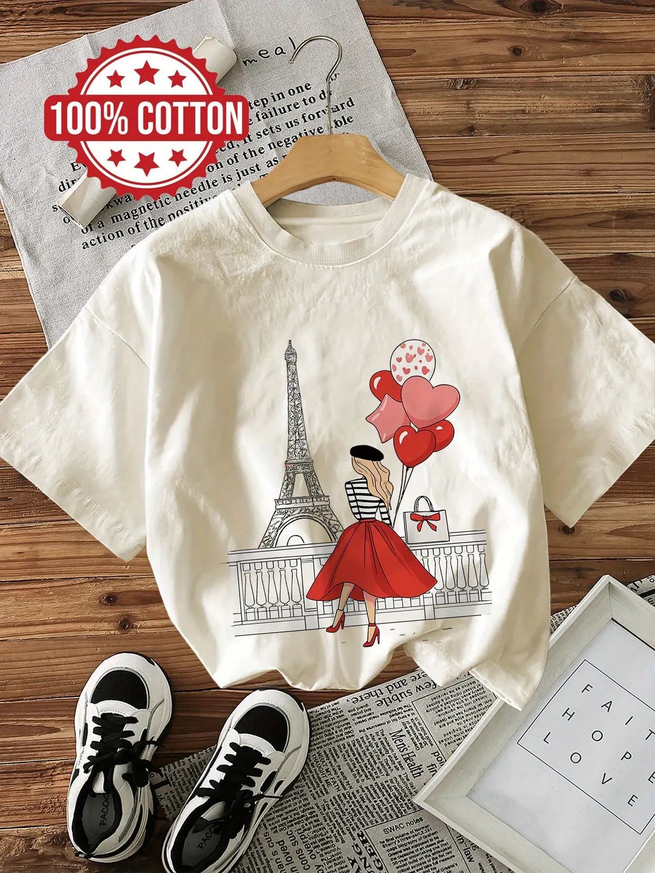 Vintage Parisian Eiffel Tower & Red Balloon Graphic T-Shirt - Soft Crew Neck Short Sleeve Tee for Women, Casual All-Season Wear, Paris T Shirt