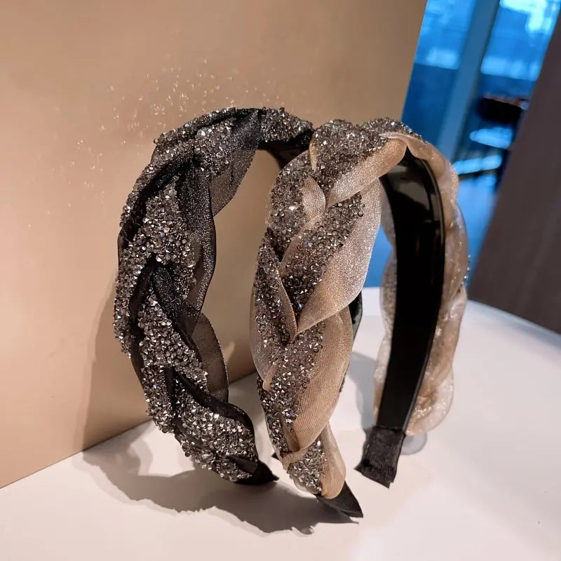 1pc Korean Style Mesh Twist Knit Headband with Rhinestone Accents, Wide Band Hairband for Women's Daily Hair Accessories
