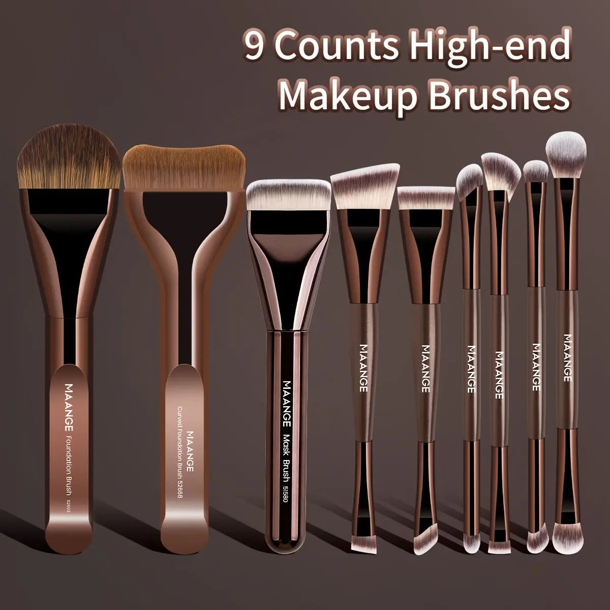 9pcs MAANGE Makeup Brushes | Aluminum Brush Rod, Multi-Purpose Facial Brush, Non-Marking Foundation Brush, Flat Head, Powder Blusher, Halo Dye, Classic, Novice Basic, Simple and Portable Dropshipman