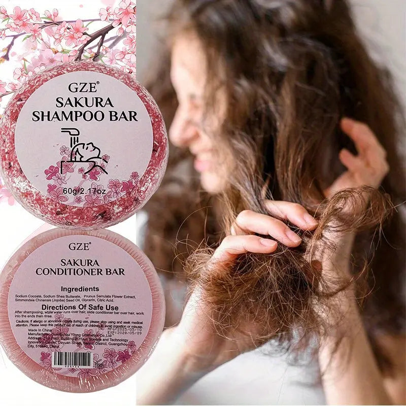 2 Pack GZE Sakura Shampoo Bar & Conoditioner Bar Set Handmade Deep Cleansing Conditioning Hydrating Gentle Soft y for Damaged And Dry Hair Split Ends Fragrance Long Lasting Dropshipman