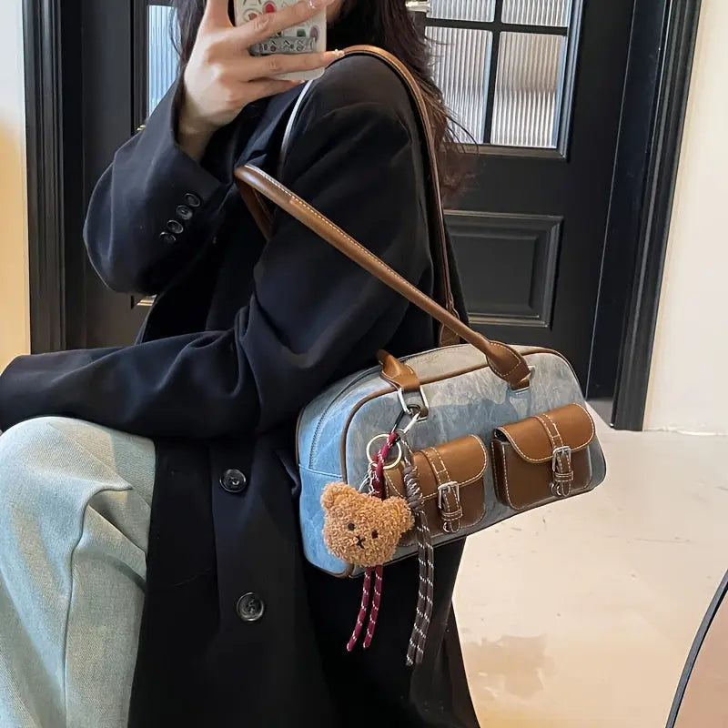 1pc Fashionable Shoulder Bag, Tote Bag, Pillow Bag, Boston Bag, PU Material Scratch- and Wear-, Suitable for Shopping, Dating, Outings, Parties, and Commuting, Elegant Simple Casual Trendy Color-Block Women's Shoulder Bag Dropshipman