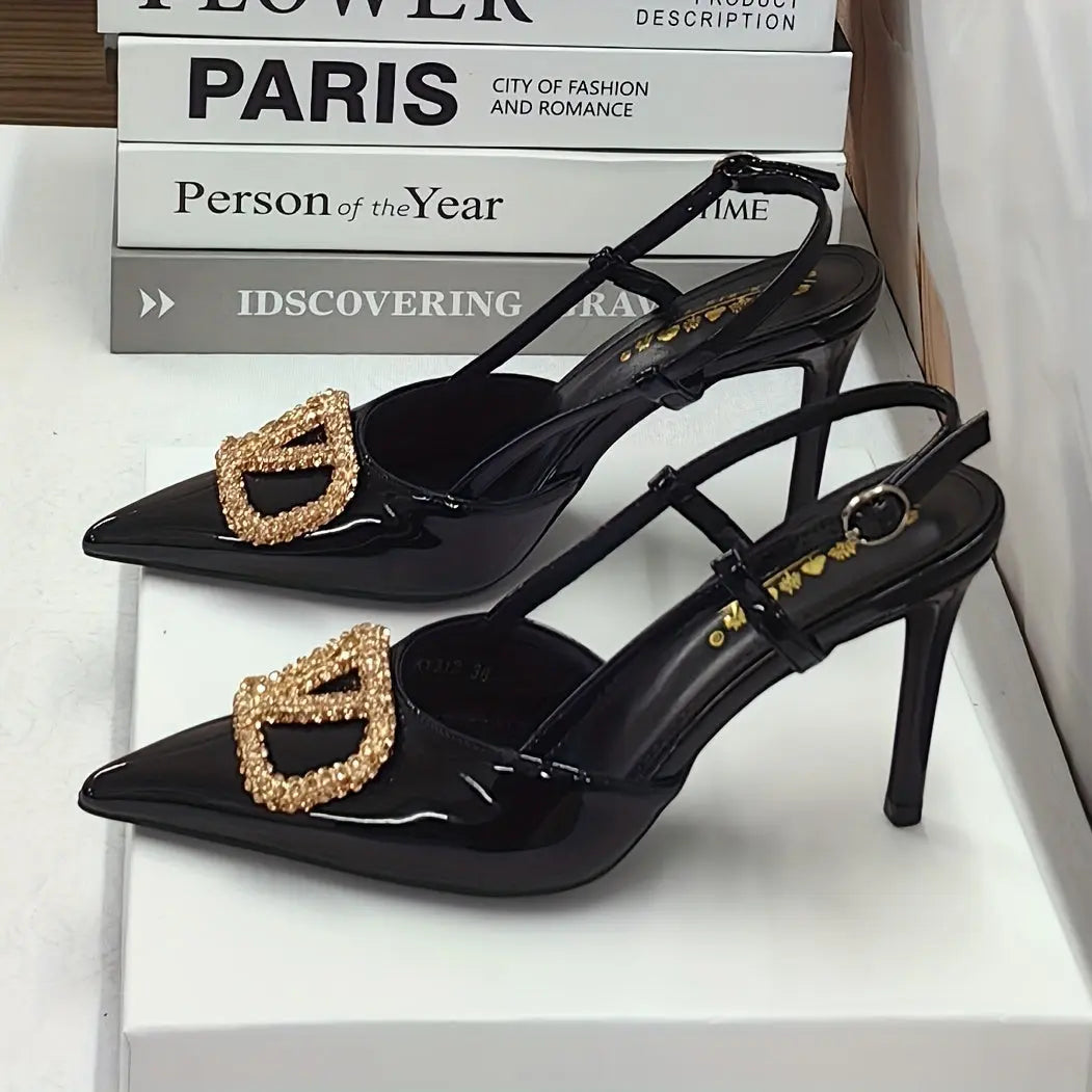 25th Anniversary New Multicolor Patent Rhinestone Buckle Pointed Toe Stiletto Pumps with Open Back. The Patent Material Boasts a Glossy Finish, While the Rhinestone Buckle Decoration Adds a Dazzling Touch. The Elegant Stiletto Heel Design Is Charming Dropshipman