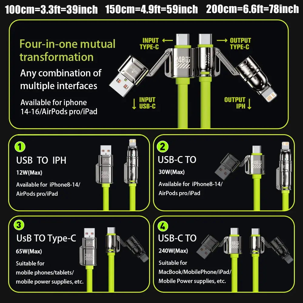 240W Fast Charging 4in 1 Cable & Data Transfer, USB C Thicker Charger Cord for iPhone iPad Charger Wire Combo with Lightning/Type C/USB A for iPhone 17/16/15/Macbook for Samsung, LG, Moto G, Google Pixel Xiaomi More