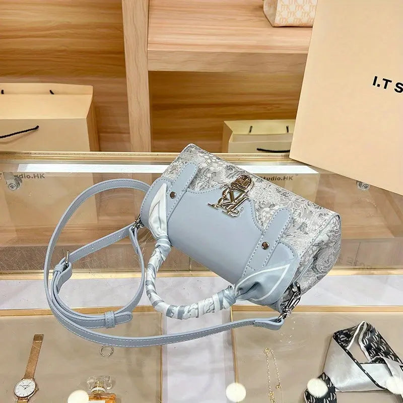 Elegant Sky Blue Moire Pattern Handbag with Detachable Strap, Fashion Light Luxury Handbag for Women, Versatile Crossbody And Top-Handle Bag with Buckle Closure And Polyester Lining, Versatile Handbag|Minimalist Design|Polyester Lined Dropshipman