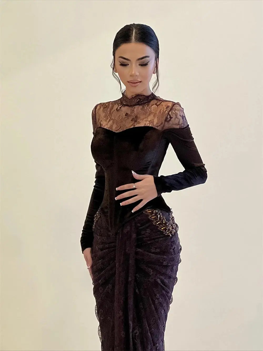 Sansa Customized Black Mermaid High Neck Sequinned Appliques Prom Dress Long Sleeve Vestidos De Noche Floor-Length Formal Gown