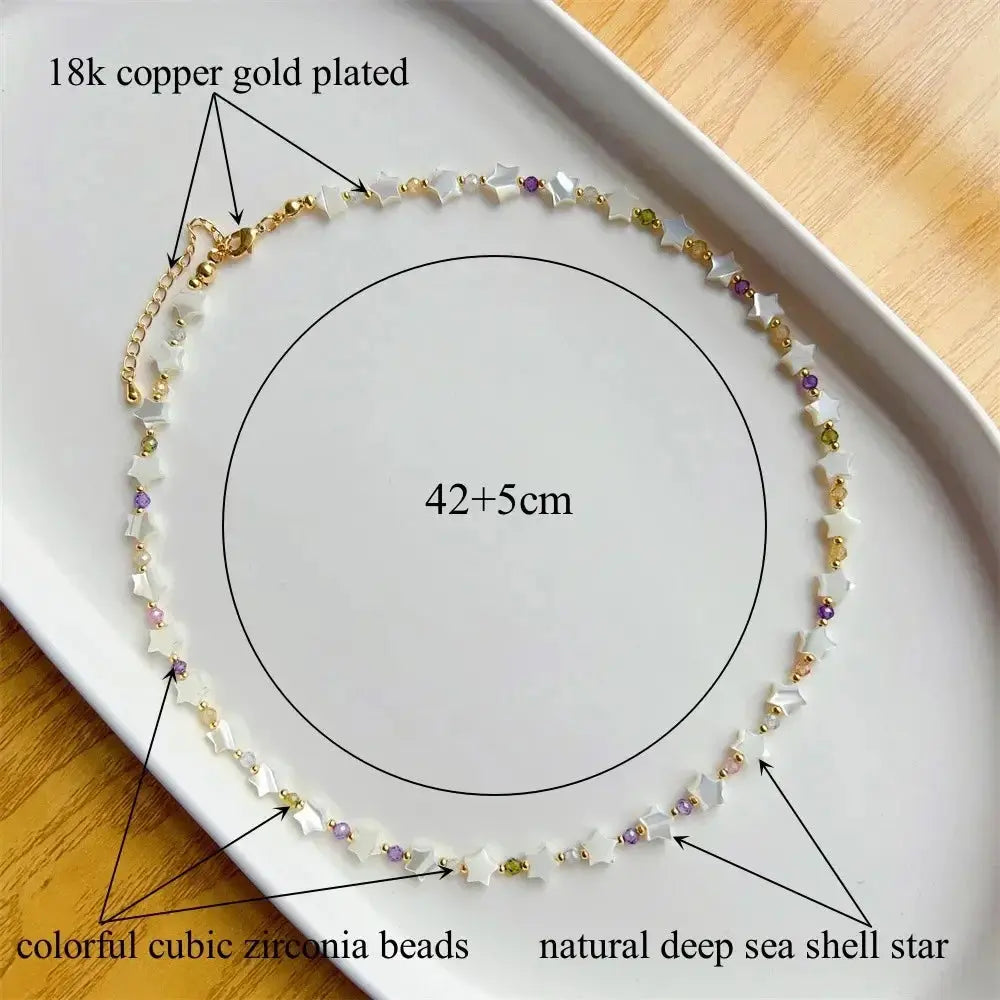 KKBEAD Natural Deep Sea Shell Star & Heart Necklace for Women – Colorful Zircon Beads Choker Jewelry, Y2K Style Accessories, Trendy Beach Boho Statement Necklace