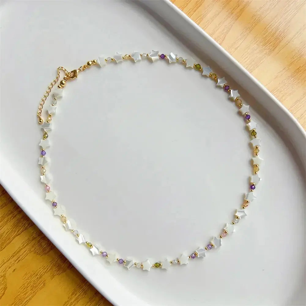 KKBEAD Natural Deep Sea Shell Star & Heart Necklace for Women – Colorful Zircon Beads Choker Jewelry, Y2K Style Accessories, Trendy Beach Boho Statement Necklace