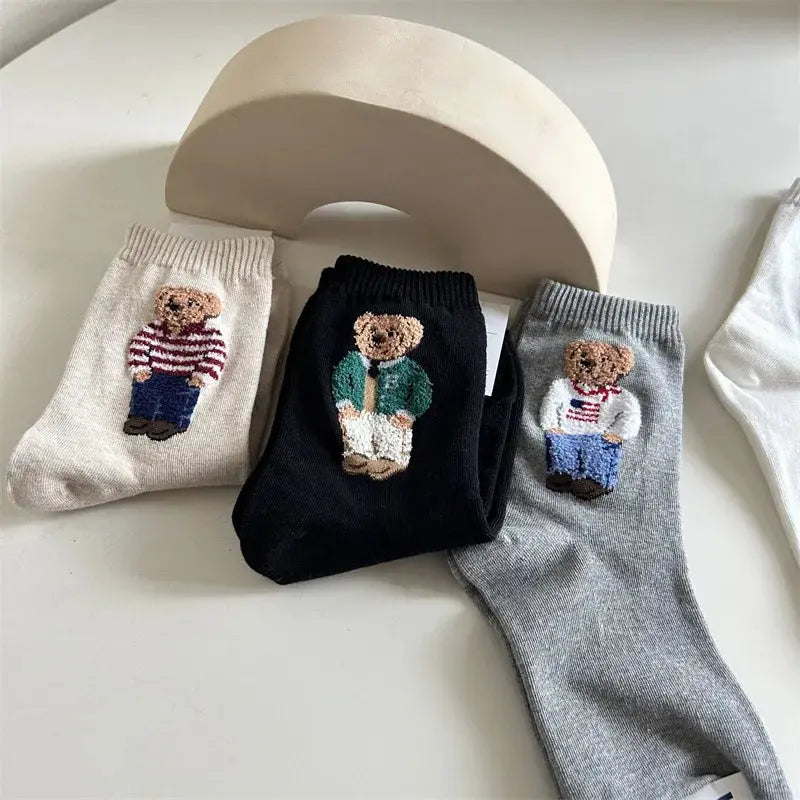 New Trendy Cartoon Bear Mid-Calf Cotton Socks for Women Casual Sweater Female Socks Comfortable Long Women Middle tube Socks