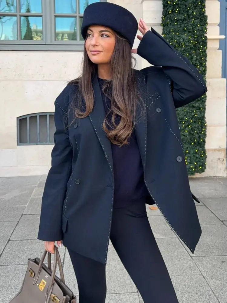 Fashion Line Women's Blazers Coat Shoulder Pads Long Sleeve Lapel Female Jackets 2026 Spring Doubel-breasted Office Lady Coats