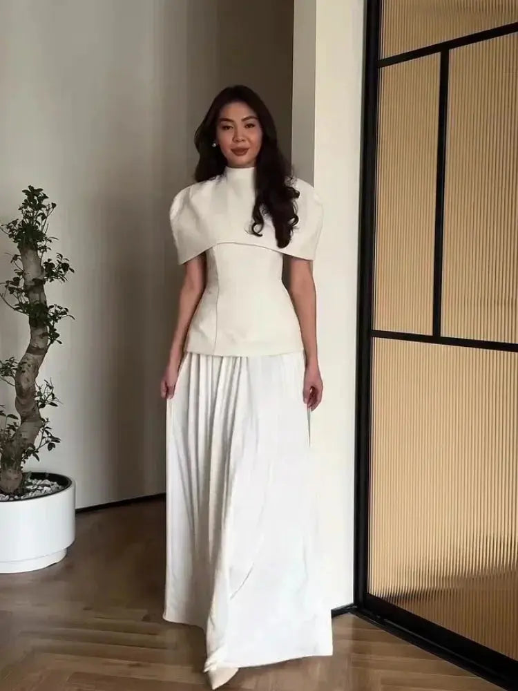 Elegant Cloak Turtleneck Top Set Women Waist-cinching High Waist Pleated A-line Long Skirt Suit 2026 Lady Spring Autumn Outfit Dropshipman