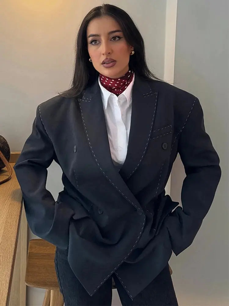 Fashion Line Women's Blazers Coat Shoulder Pads Long Sleeve Lapel Female Jackets 2026 Spring Doubel-breasted Office Lady Coats