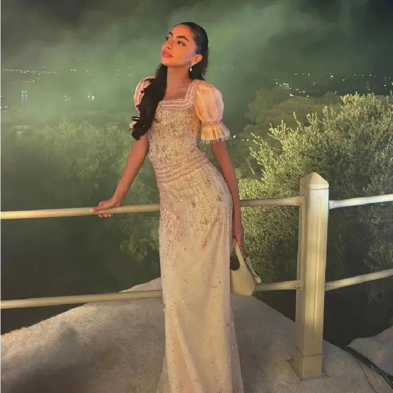 Inright Customized 2-piece Luxury Crystal Sequin Square Neck Short Sleeves Mermaid Party Dresses فساتين سهرة