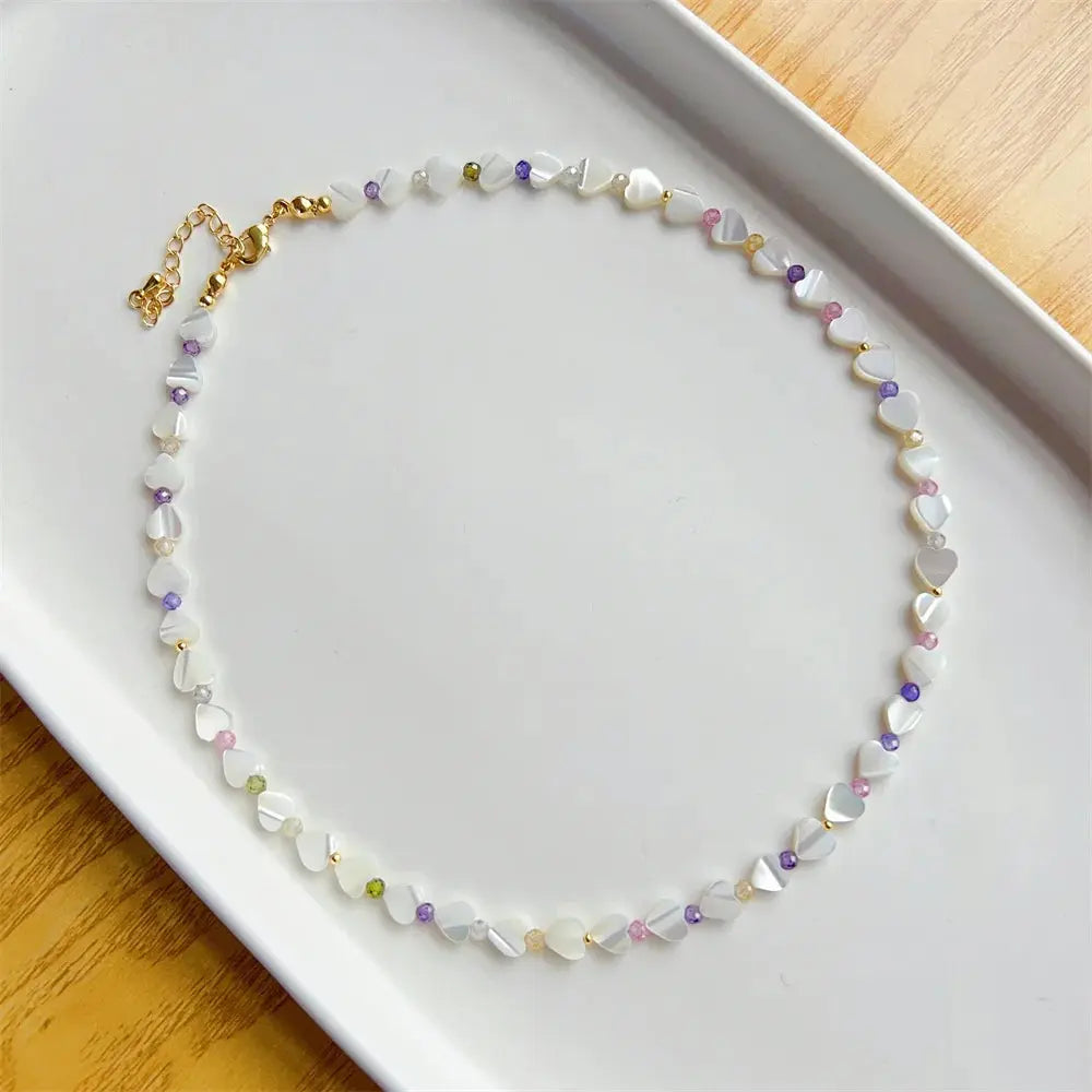KKBEAD Natural Deep Sea Shell Star & Heart Necklace for Women – Colorful Zircon Beads Choker Jewelry, Y2K Style Accessories, Trendy Beach Boho Statement Necklace