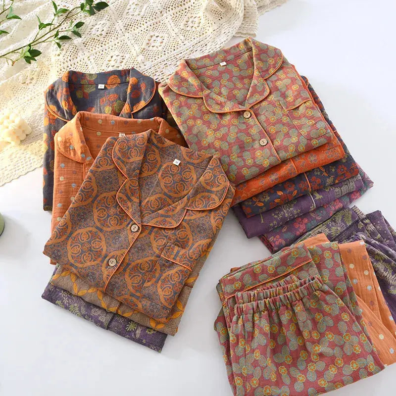 Spring and Autumn Cotton Yarn-dyed Double-layer Yarn Jacquard Women's Pajamas Lapel Long-sleeved Trousers Loungewear 2 Piece Set