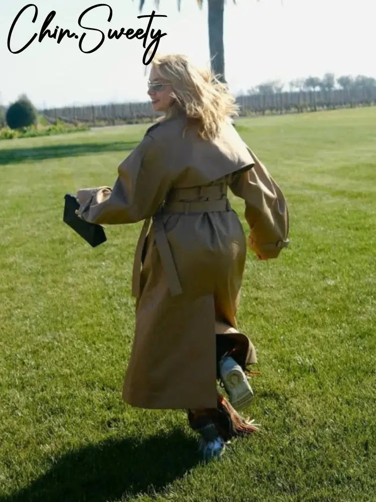 Elegant Double Belt Women Windbreaker Casual Khaki Long Sleeve Lapel Button Female Jacket 2025 Autumn Winter Lady Streetwear New Dropshipman