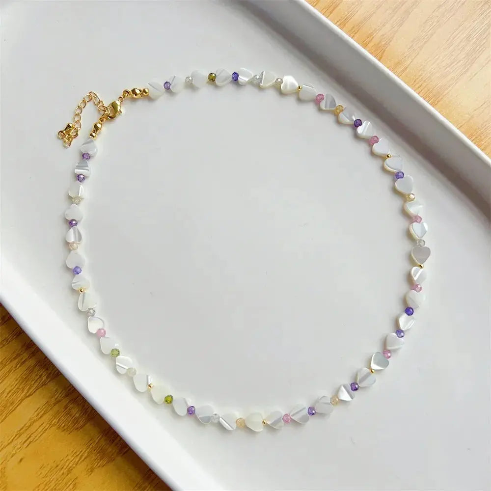 KKBEAD Natural Deep Sea Shell Star & Heart Necklace for Women – Colorful Zircon Beads Choker Jewelry, Y2K Style Accessories, Trendy Beach Boho Statement Necklace