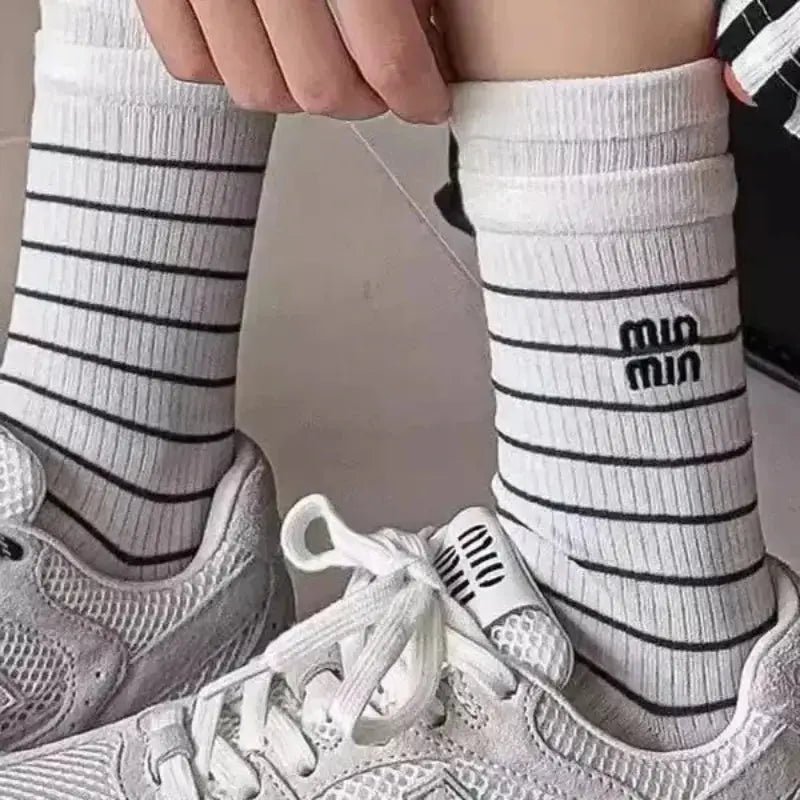 Yuanrun Home Stripe Embroidery Mid-Calf Socks Women Spring Autumn Cotton Breathable Miu Style Long Socks Home Comfortable