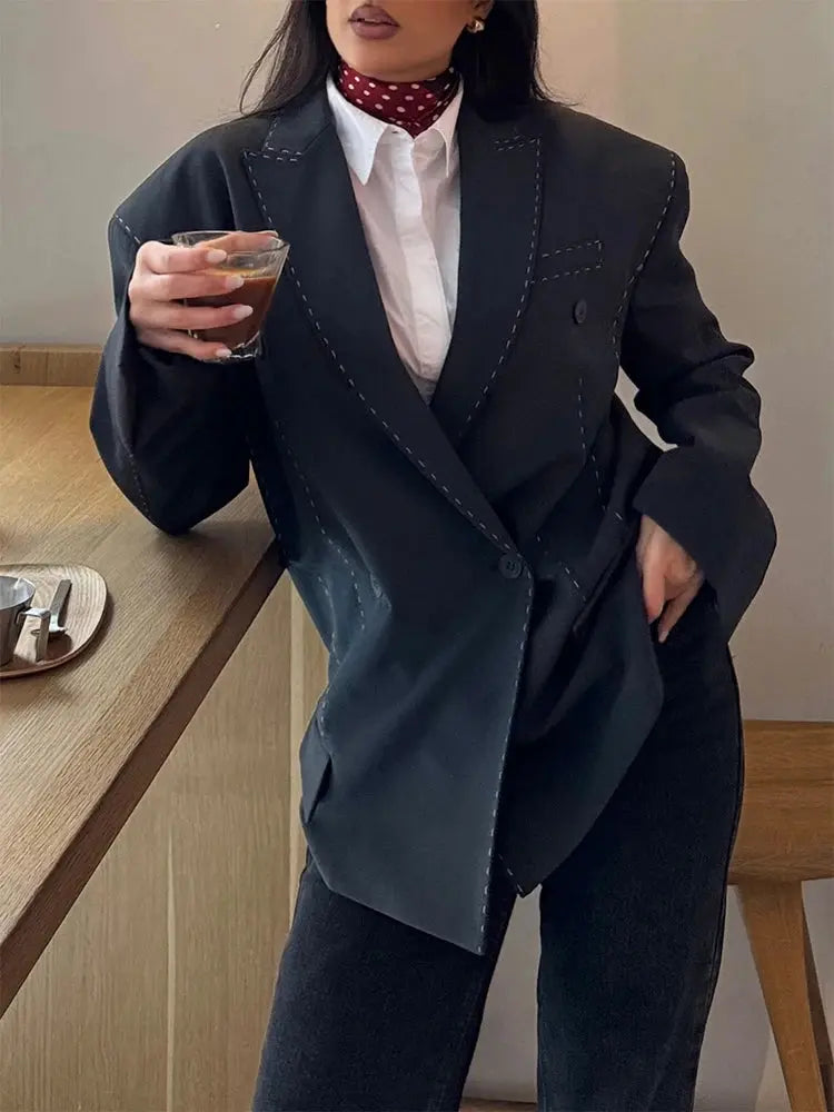 Fashion Line Women's Blazers Coat Shoulder Pads Long Sleeve Lapel Female Jackets 2026 Spring Doubel-breasted Office Lady Coats