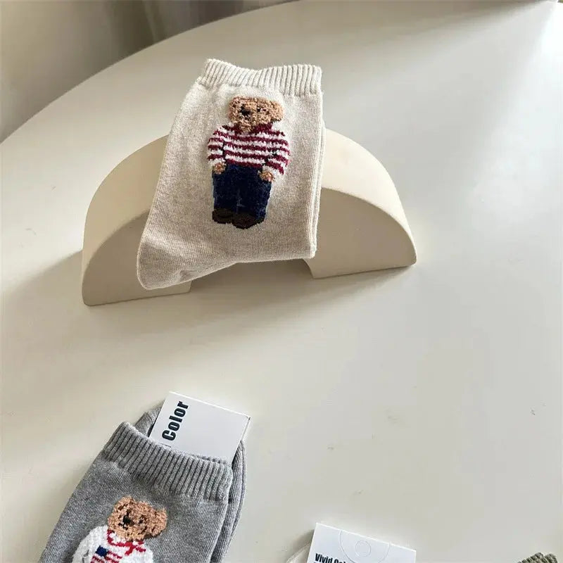 New Trendy Cartoon Bear Mid-Calf Cotton Socks for Women Casual Sweater Female Socks Comfortable Long Women Middle tube Socks