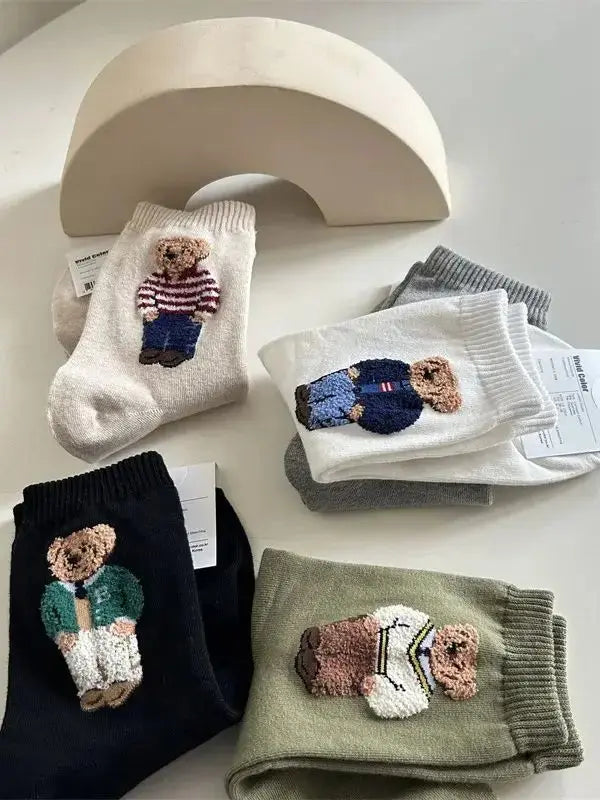 New Trendy Cartoon Bear Mid-Calf Cotton Socks for Women Casual Sweater Female Socks Comfortable Long Women Middle tube Socks