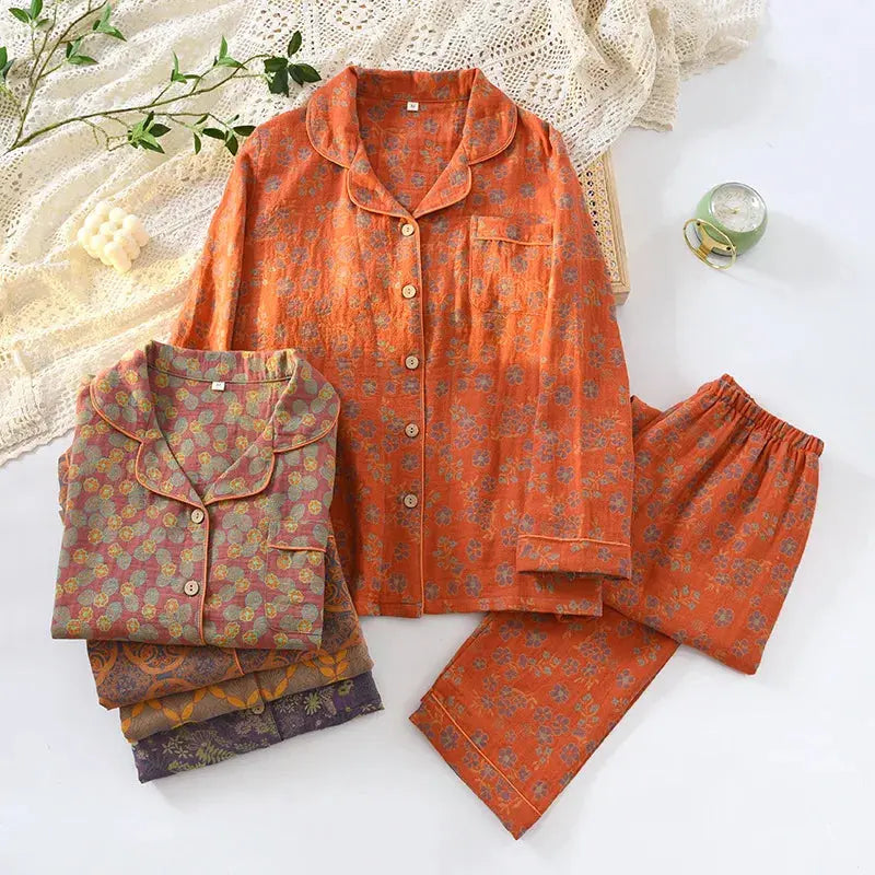 Spring and Autumn Cotton Yarn-dyed Double-layer Yarn Jacquard Women's Pajamas Lapel Long-sleeved Trousers Loungewear 2 Piece Set