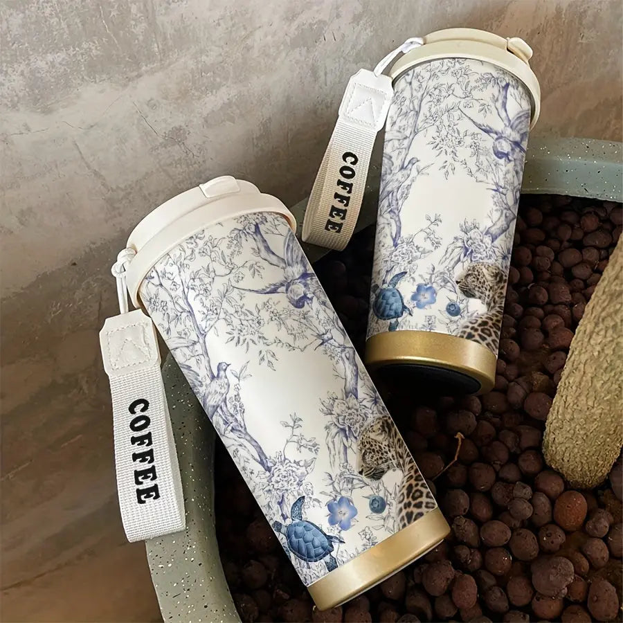 17.92oz Jungle Animal Pattern Insulated Coffee Mug - Stainless Steel Insulated with Carrying Strap, Double-Walled for Hot & Cold Drinks, Floral Design, Perfect for Home, Office, Outdoor Adventures, and Gifts for Coffee & Tea Lovers Dropshipman