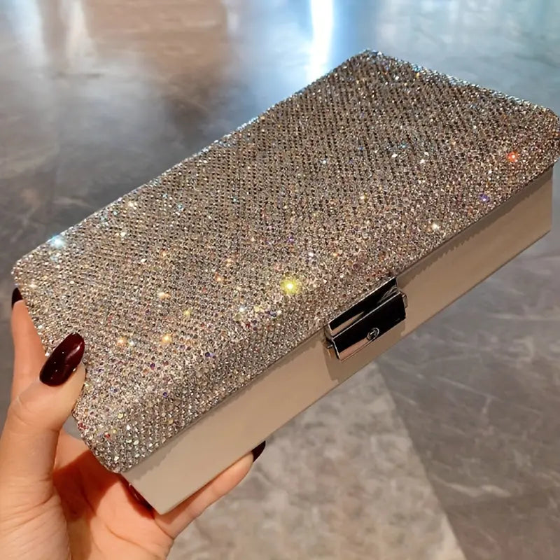 1pc Luxury Large-Capacity Jewelry Box with Lock, Adorned with Artificial Diamonds, Portable Storage for Necklaces, Rings, And Earrings, Exquisite Gift, Jewelry Boxes Dropshipman