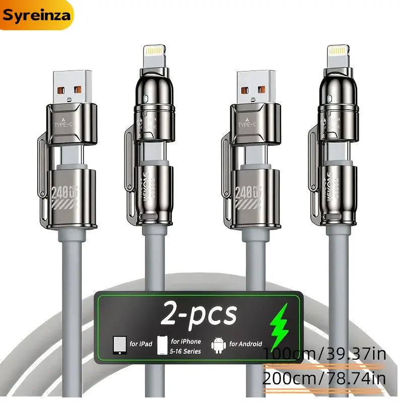 2-Pack 240W 4-in-1 Multi-Function USB Charging Cable Set with Type-C/USB-A/Lightning Ports