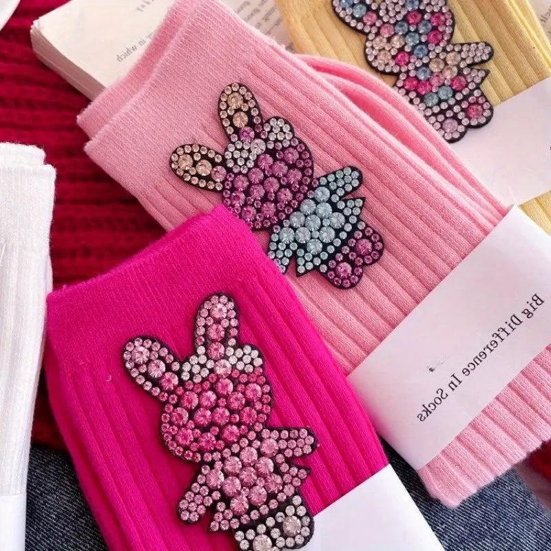 1 Pair & Rabbit Rhinestone Stacking Socks - Cute Breathable with Sparkling Rabbit & Patterns, Colorful for, Spring/Fall Casual Attire or Themed Outfits (Hand Wash/Dry) - Style, for Teenager Dropshipman