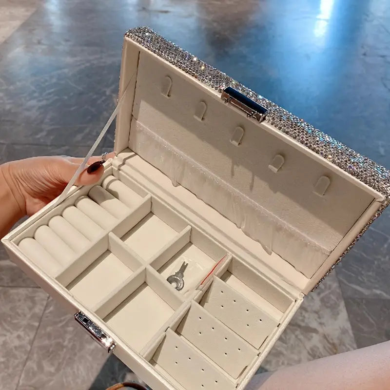 1pc Luxury Large-Capacity Jewelry Box with Lock, Adorned with Artificial Diamonds, Portable Storage for Necklaces, Rings, And Earrings, Exquisite Gift, Jewelry Boxes Dropshipman