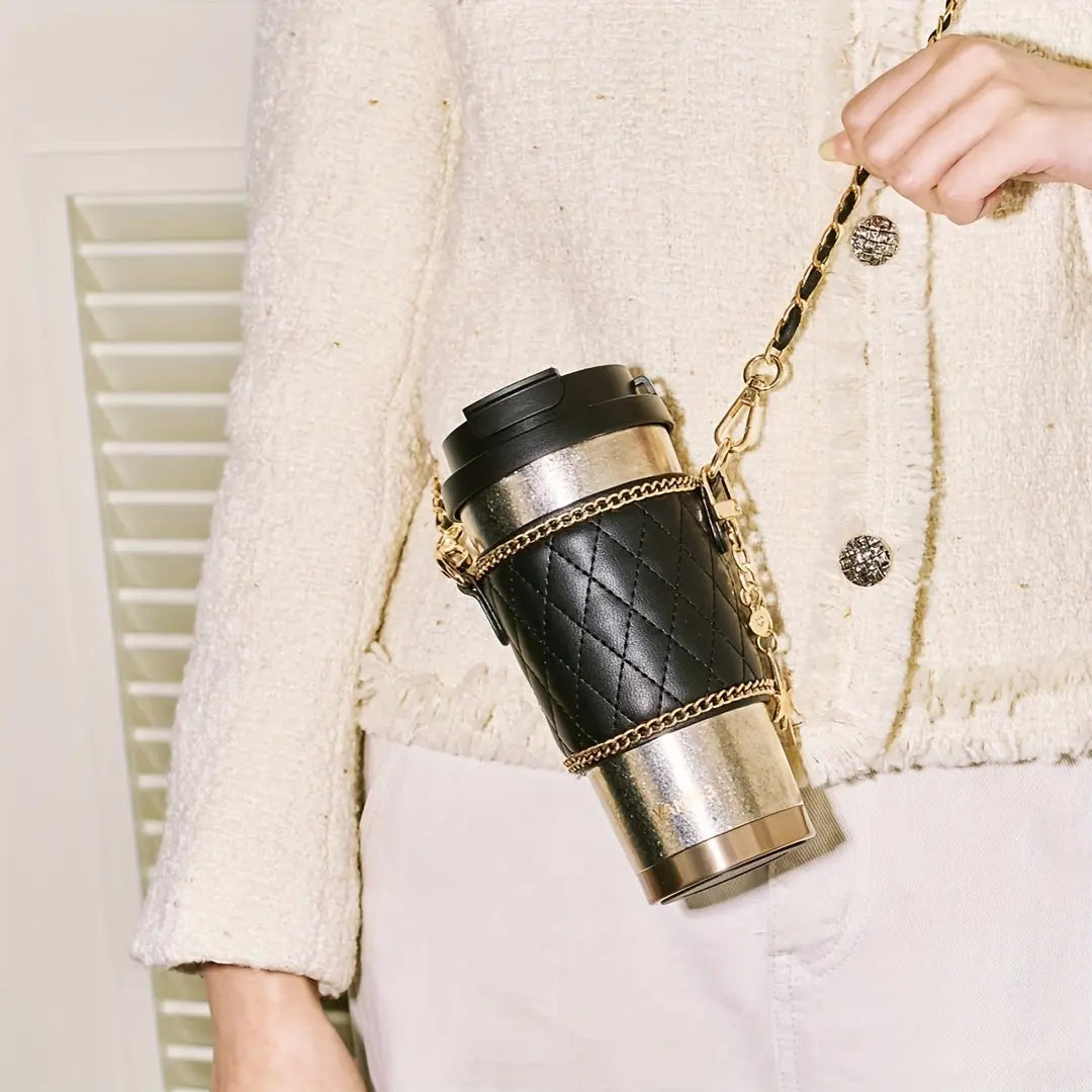 100% Titanium Travel Coffee Mug with Quilted Leather Crossbody Bag | Double-Wall Vacuum Insulation, Leak Proof, Star Theme, 500ml/16oz, Chemical-Free, Reusable | Ideal Gift for Women, Includes Metal Chain Strap