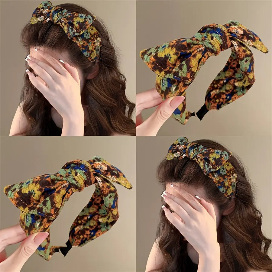 1pc Floral Bowknot Headband | Vintage Style Wide-Edge Hair Accessory with Flower Prints, Single Piece Dress Up Headband Dropshipman