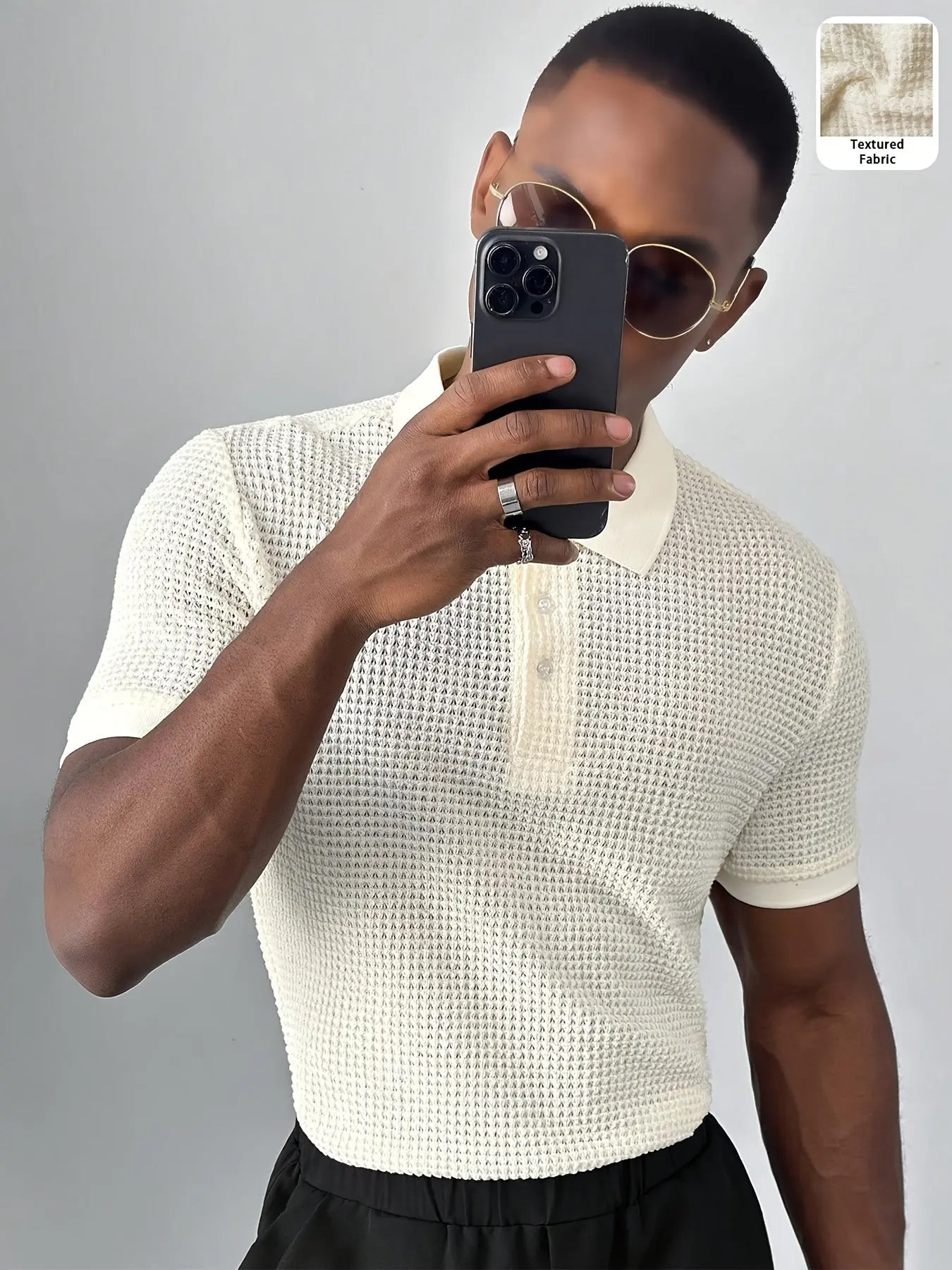 Knit Hollow-Out Polo Short Sleeve | Casual High Stretch Fabric, Solid Color, Rib-Knit Detail, Perfect for Men in Summer