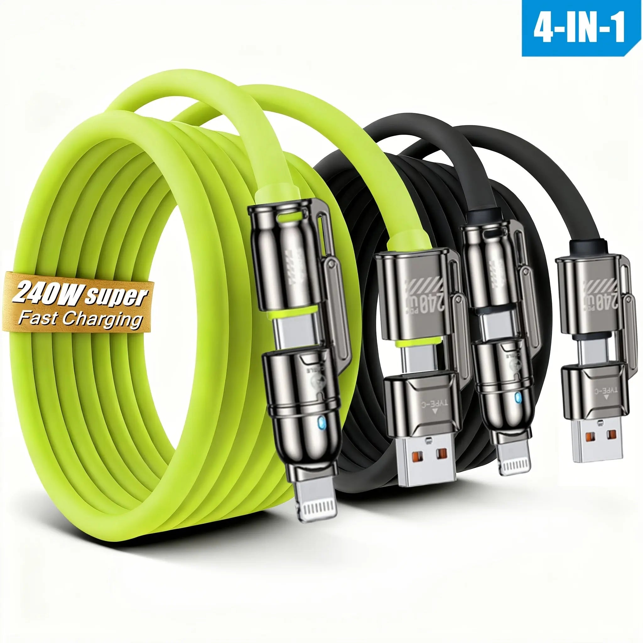 240W Fast Charging 4in 1 Cable & Data Transfer, USB C Thicker Charger Cord for iPhone iPad Charger Wire Combo with Lightning/Type C/USB A for iPhone 17/16/15/Macbook for Samsung, LG, Moto G, Google Pixel Xiaomi More