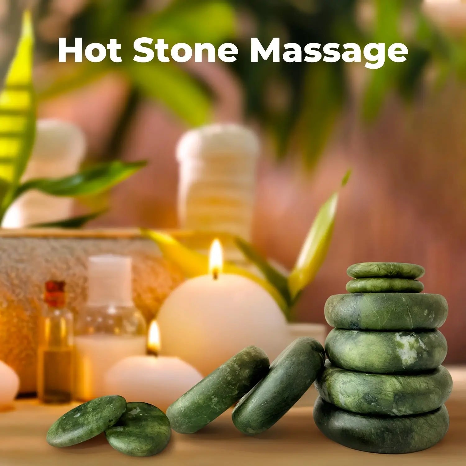 10pcs Hot Stone Massage Set - Green Stones - Use with Essential Oils, Home/Professional Spa Massage Tools for Full Body Massage