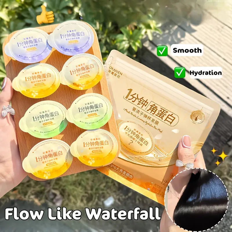 1-Minute Deep Nourishment Hair Mask, Infused with Collagen, Keratin, Macadamia Nut Oil - 3 Distinct Scents, Restore Shineness, Suitable for Dry, Frizzy Hair, 12pcs Travel-friendly Pouch Package Dropshipman