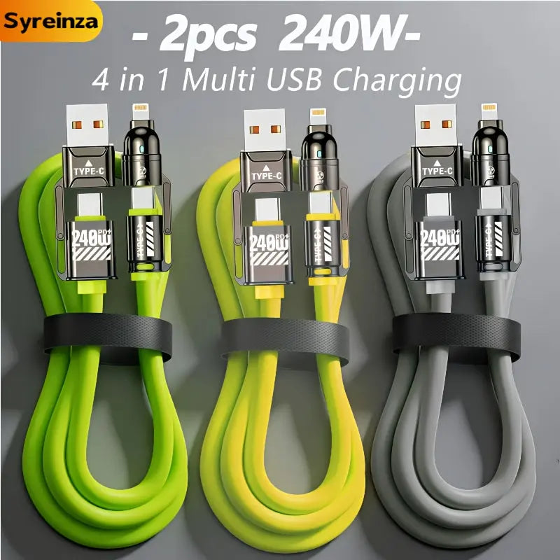 2-Pack 240W 4-in-1 Multi-Function USB Charging Cable Set with Type-C/USB-A/Lightning Ports