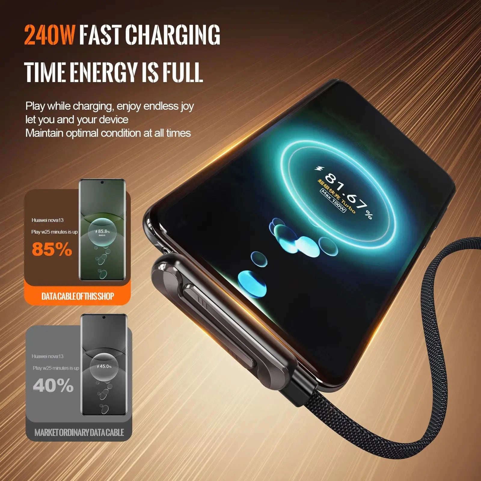 240W PD Fast Charging Cable | Type-C to Type-C, 360-Degree Rotatable Adjustable Metal Bracket, Fully Compatible with Mobile Phone Charging Cables, Copper-Clad Aluminum Wire Dropshipman