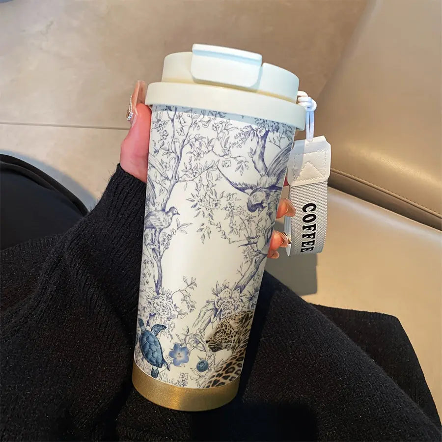 17.92oz Jungle Animal Pattern Insulated Coffee Mug - Stainless Steel Insulated with Carrying Strap, Double-Walled for Hot & Cold Drinks, Floral Design, Perfect for Home, Office, Outdoor Adventures, and Gifts for Coffee & Tea Lovers Dropshipman