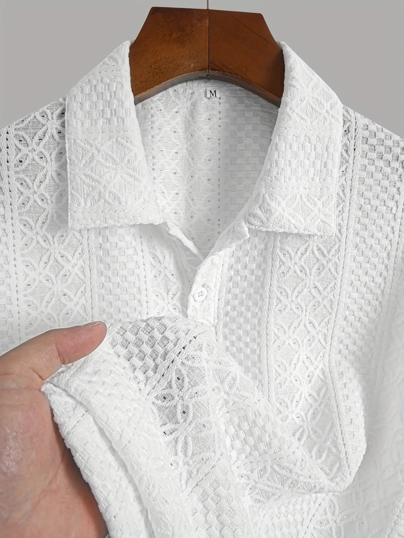 1pc Striped Knit Shirt for Men - Breathable Short Sleeve with Lace-Like Cut-Out Detail, Lightweight Casual Top, Hand Wash Only, Warm Weather Top, Textured Pattern, Delicate Knitwork, Men's Top, Stylish Men