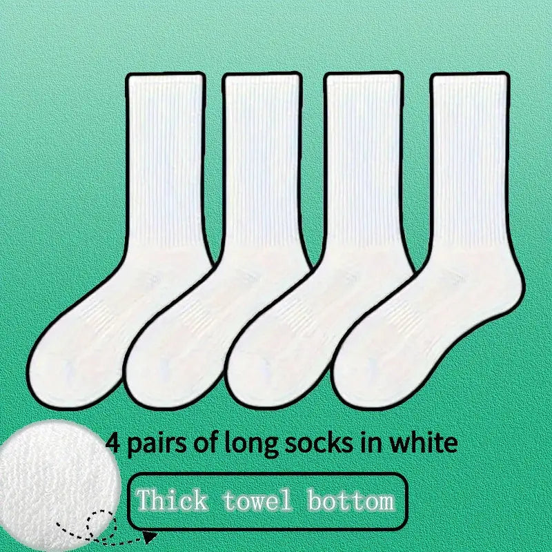 4 Pairs/7Pcs White Socks, Men's Mid-Calf Cotton Crew Sports Basketball Thickened Terry Cloth Long Toe Absorbent Women's/Men Dropshipman
