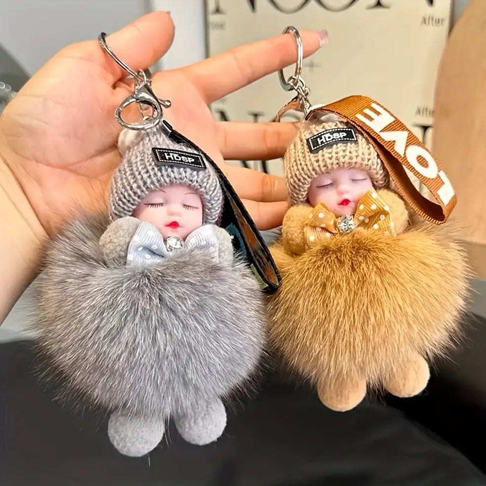 1pc Cartoon Doll Keychain with Real Faux Fur, Alloy Round Shape, Decorative Ladies Key Ring with Ring Buckle, Ideal for Bag & Car Key Decoration, Perfect for Valentine'S Day Gift, Single Piece Dropshipman