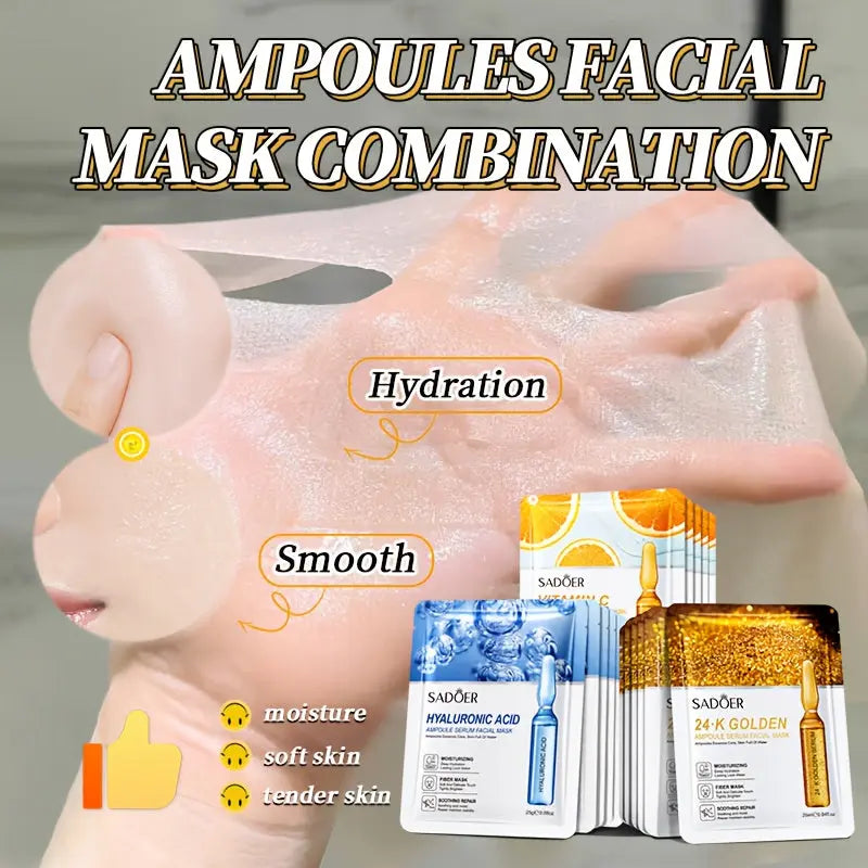 18pcs Ampoule Essence Facial Mask, 3 Mixed Packs, Suitable for Facial Moisturizing, Containing Hyaluronic Acid and Vitamin C Ingredients, Mild and Non Irritating, Suitable for Skin Care of All Skin Types, Alcohol Free, Facial Care, Daily Use
