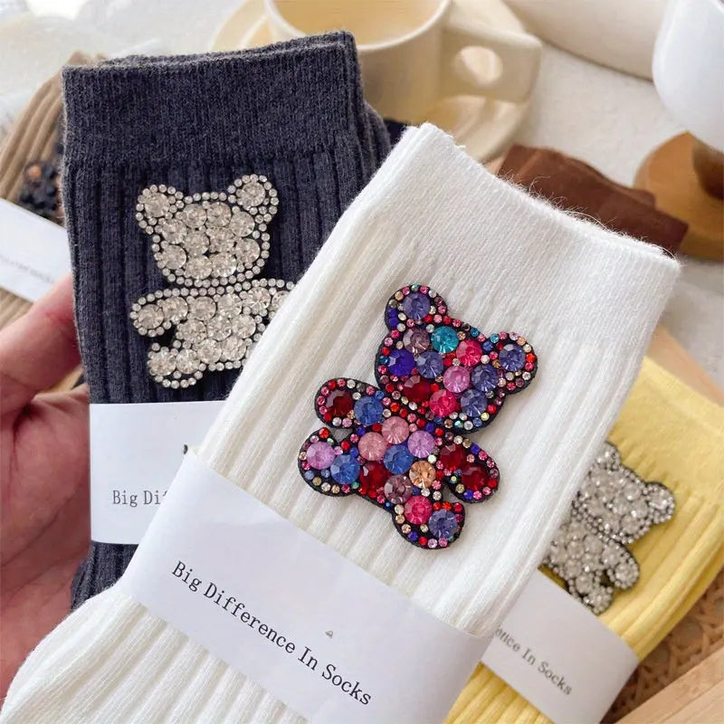 1 pair/6 pairs Ins Design Fashionable Rhinestone Teddy Bear Decoration Mid Tube Socks with Personality and Versatility, Suitable for Wearing All Seasons Dropshipman