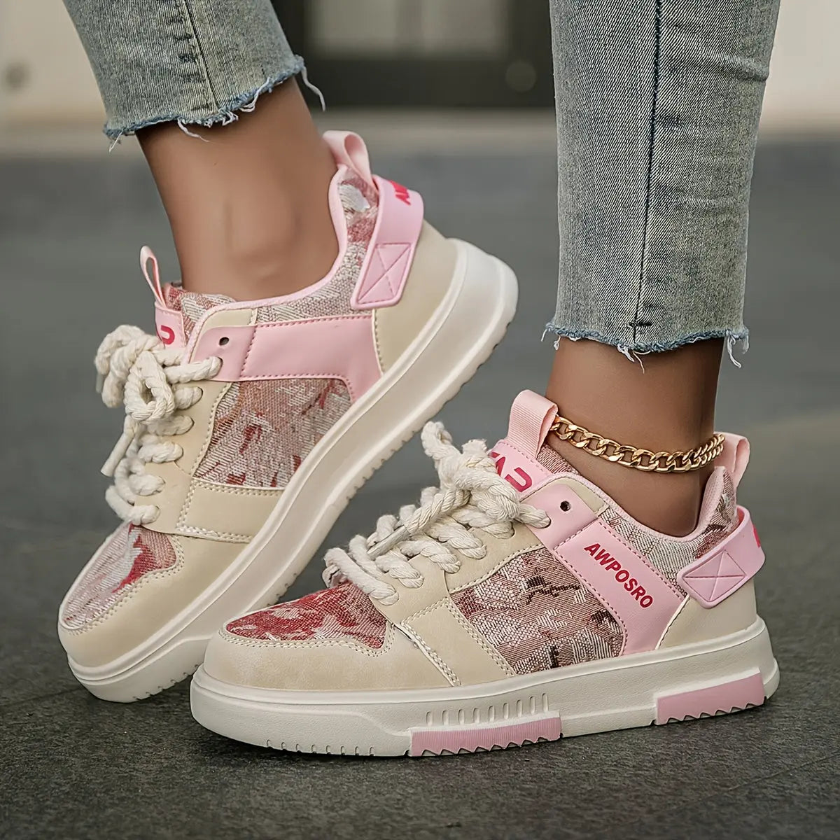 [sneakers] Ladies' Forest-Themed Oil Painting Design Couple'S Comfortable Round-Toe Chunky Front Lace-Up Casual Skate Shoes Dropshipman