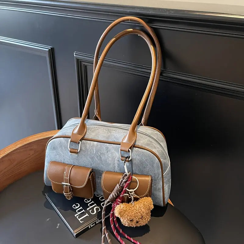 1pc Fashionable Shoulder Bag, Tote Bag, Pillow Bag, Boston Bag, PU Material Scratch- and Wear-, Suitable for Shopping, Dating, Outings, Parties, and Commuting, Elegant Simple Casual Trendy Color-Block Women's Shoulder Bag Dropshipman