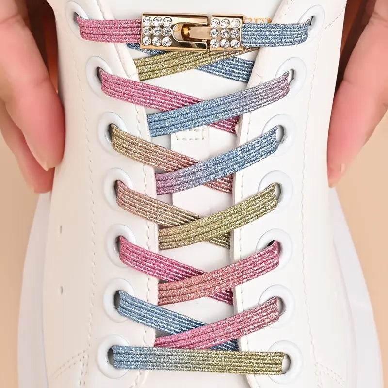 1pair Free-Tie Shoelaces With Rhinestone Buckles, Fashion Elastic Lazy Shoelaces For Sneakers Canvas Shoes Skate Shoes, Women & Men Dropshipman